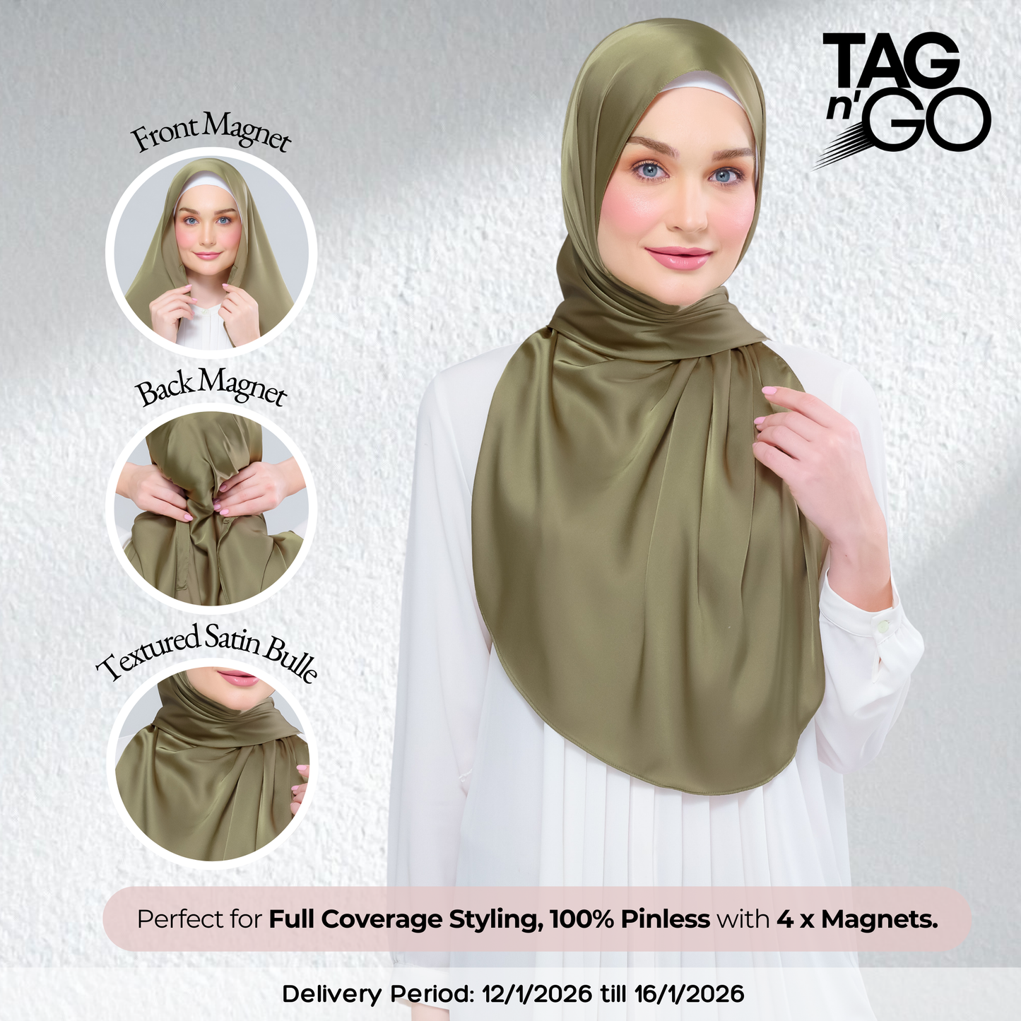 Instant Tag n' Go Shawl | Satin Bulle in Olive Green