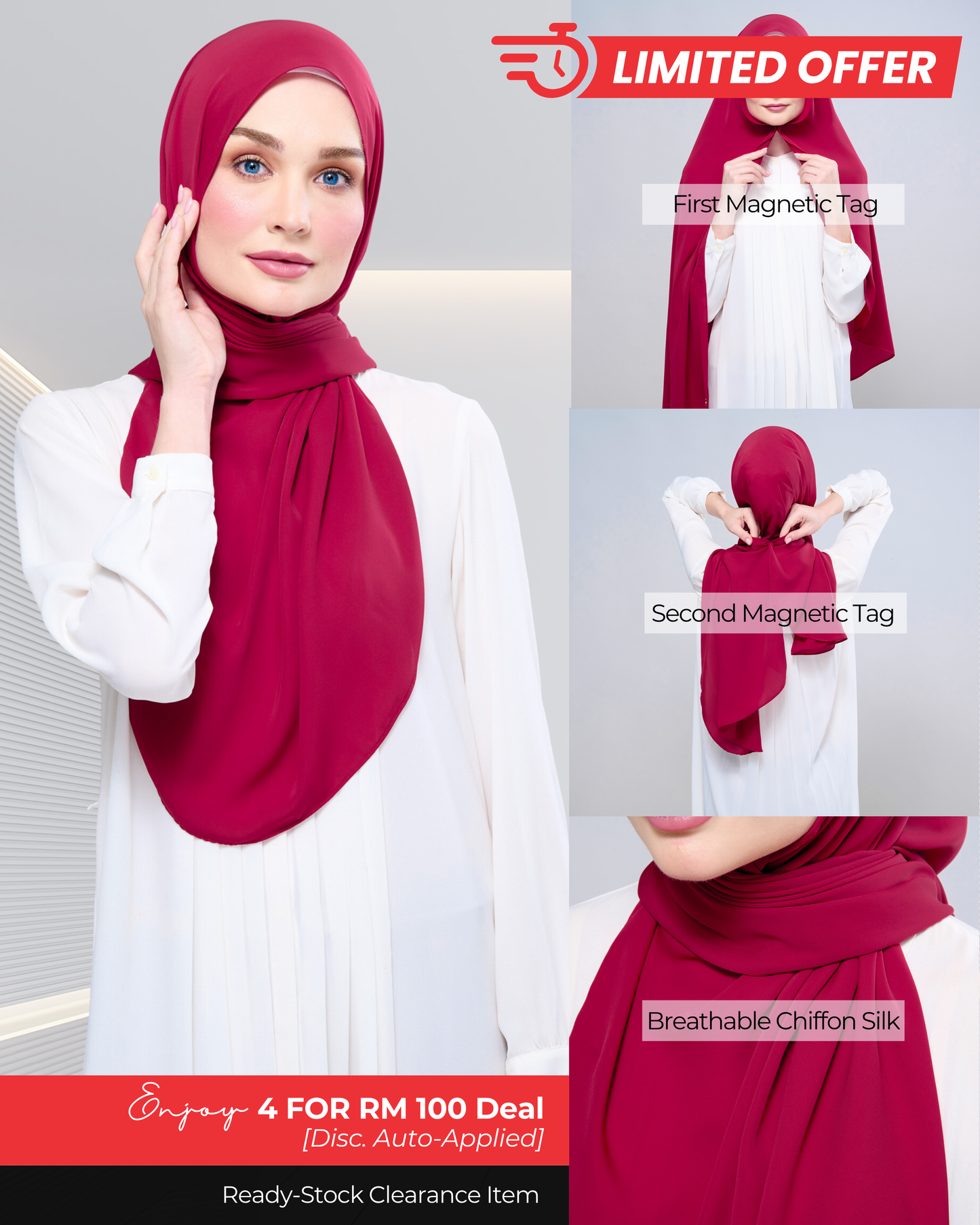 [Clearance Ready Stocks] Instant Tag n' Go Shawl l Chiffon Silk 1.0 in Cherry