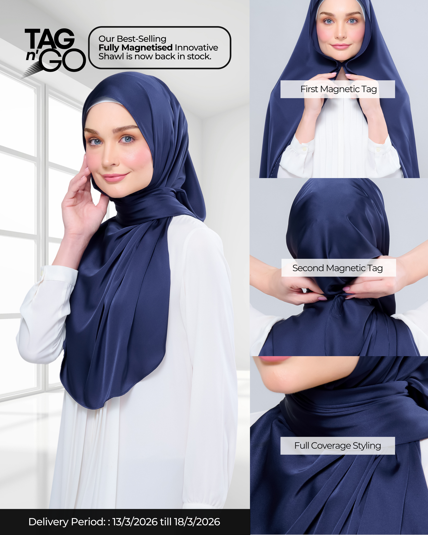 Instant Tag n' Go Shawl | Satin Silk in Deep Blue