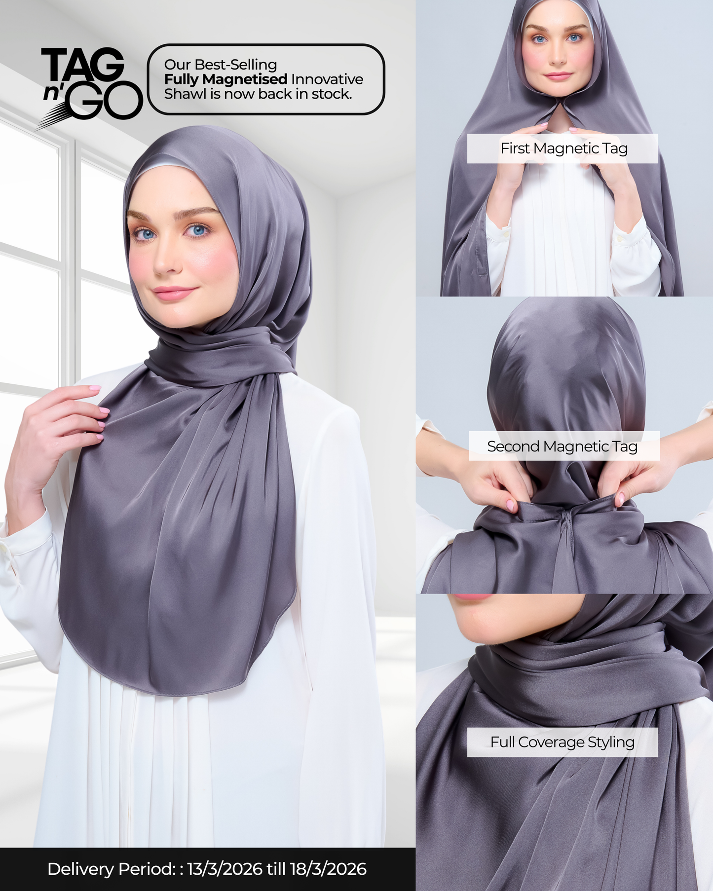 Instant Tag n' Go Shawl | Satin Silk in Deep Grey