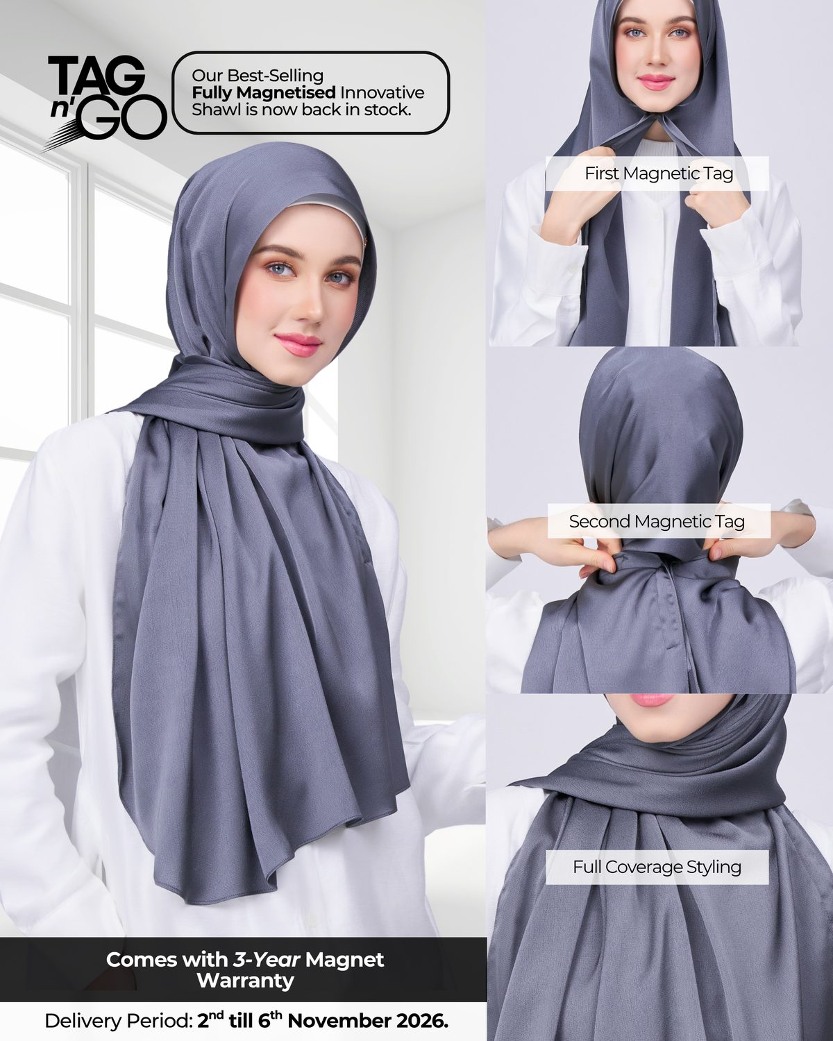 Instant Tag n' Go Shawl | Satin Bulle in Ebony Grey