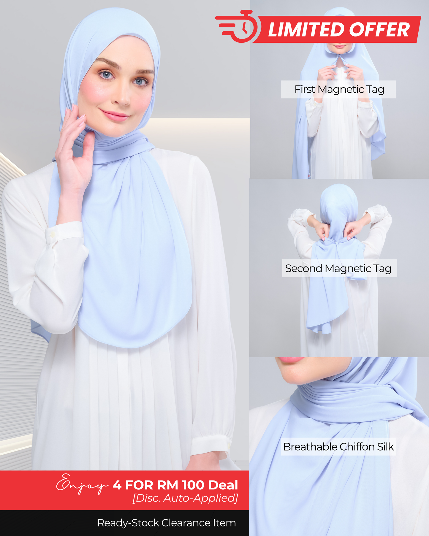 [Clearance Ready Stocks] Instant Tag n' Go Shawl l Chiffon Silk 1.0 in Powder Blue