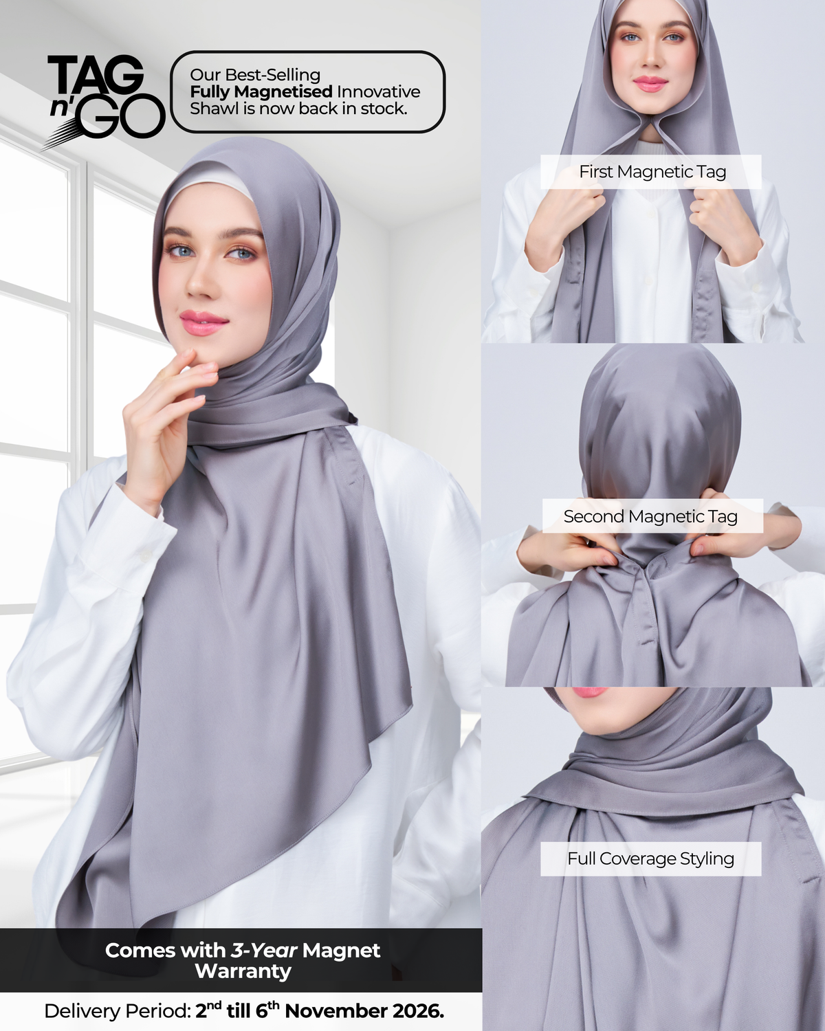 Instant Tag n' Go Shawl | Satin Bulle in Stone Grey