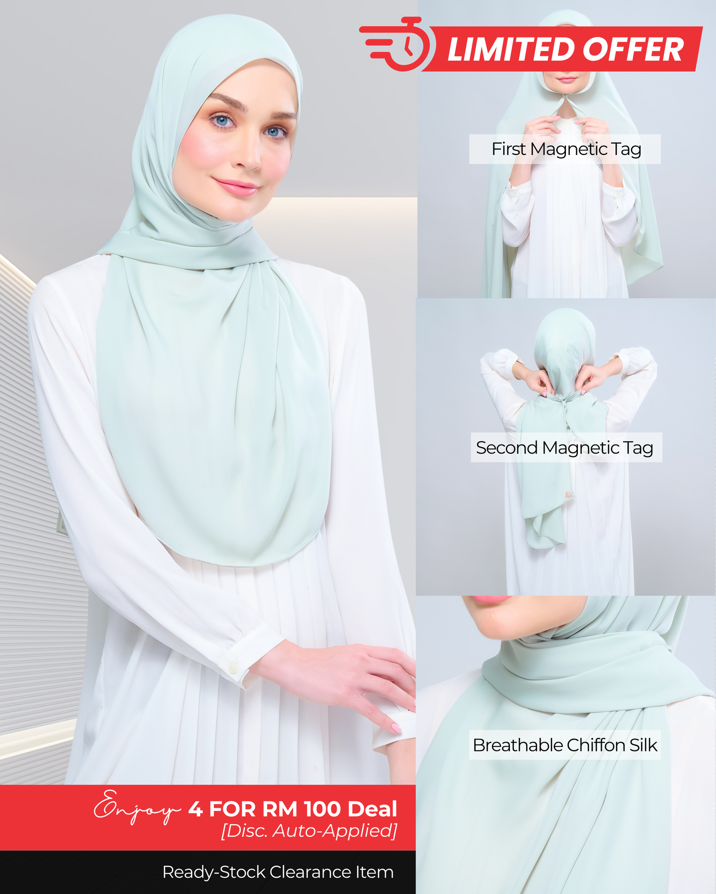 [Clearance Ready Stocks] Instant Tag n' Go Shawl l Chiffon Silk 1.0 in Pistachio Green